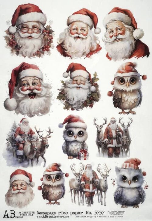 The image contains various illustrations of Santa Claus, reindeer, and owls in Christmas attire