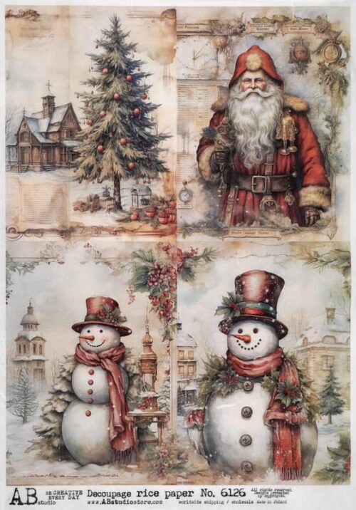 AB Studio Decoupage Rice Paper  A/4 - Santa Claus, Snowmen and Christmas Tree - 6126