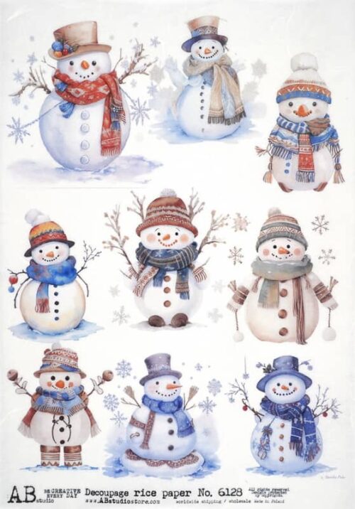 AB Studio Decoupage Rice Paper  A/4 - Snowman with Oversized Scarf - 6128