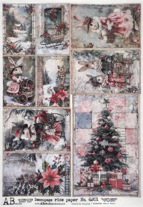 AB Studio Decoupage Rice Paper  A/4 - Vintage Christmas Bunnies - 6201