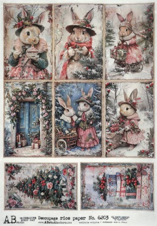 AB Studio Decoupage Rice Paper  A/4 - Vintage Christmas Bunnies - 6203