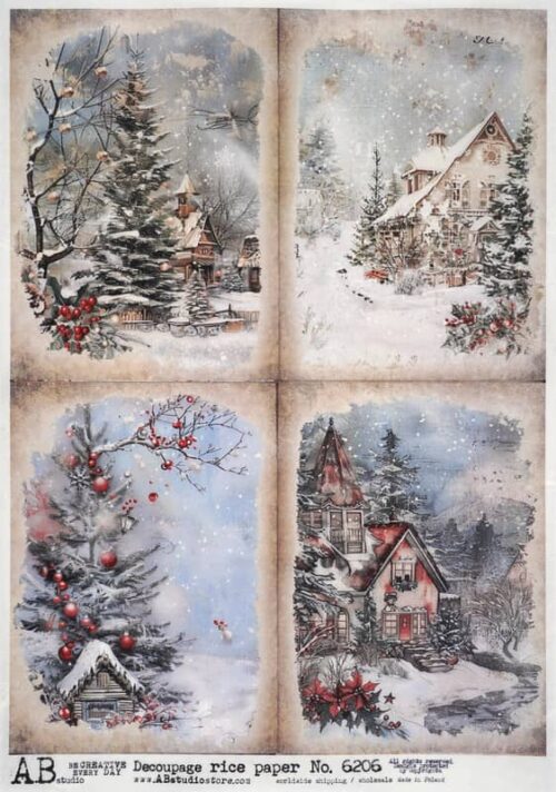 AB Studio Decoupage Rice Paper A/4 - Winter Wonderland Cottage - 6206