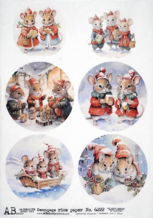 AB Studio Decoupage Rice Paper A/4 - Winter Mouse Friends - 6222