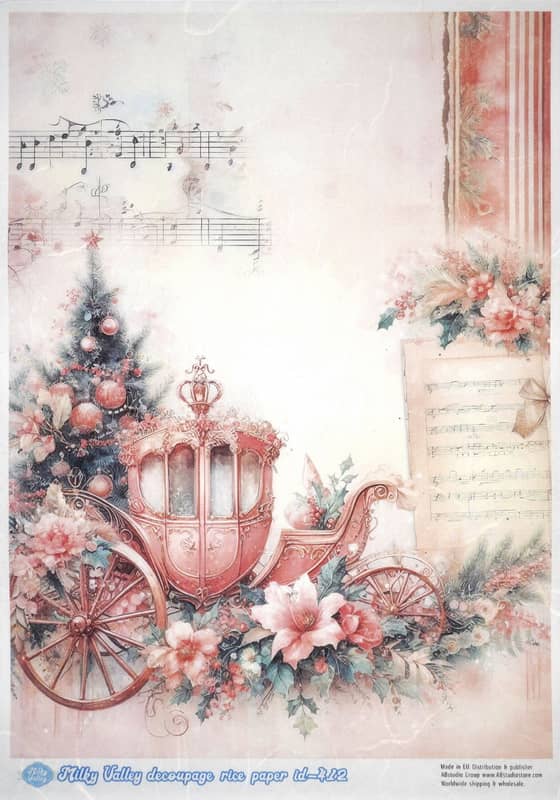 a pink and white card with flowers and music notes