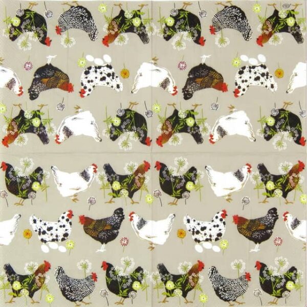 a group of chickens and hens on a napkin