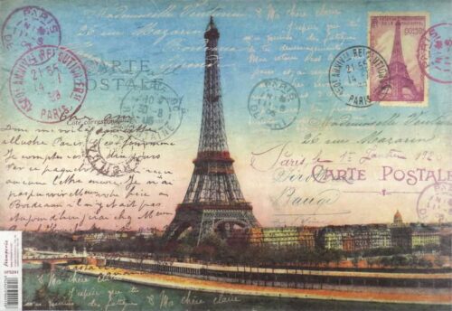 a postcard with stamps and a tower