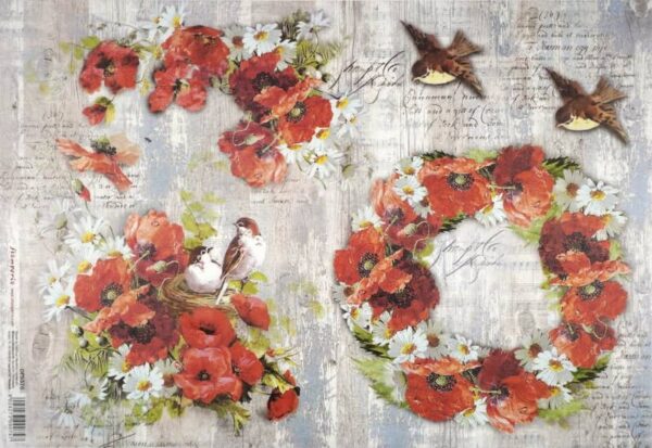 Stamperia Rice Paper 33x49cm - Poppies and Birds DFS376