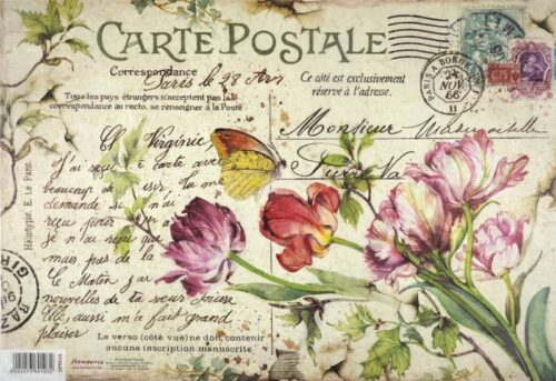 a postcard with flowers and butterflies