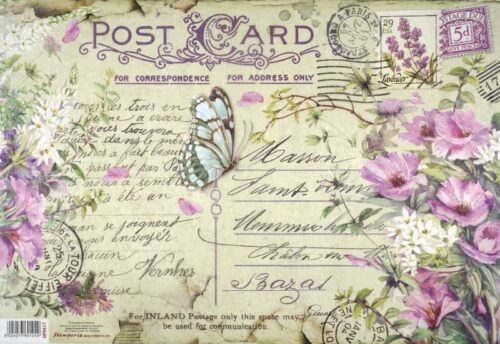 a postcard with flowers and butterflies