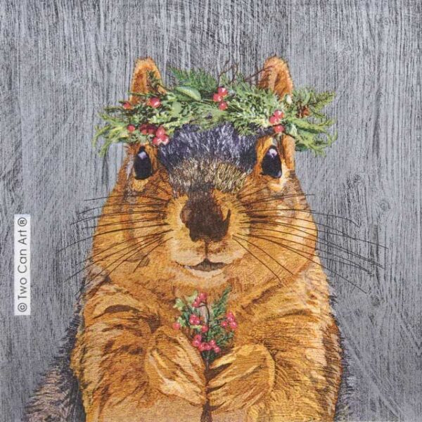 a squirrel with a wreath on its head