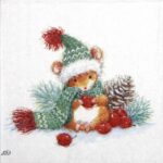 Barney cocktail napkin quarter‑fold — cosy winter woodland bear illustration with knitted hat, scarf, berries and pinecones shown on a folded 25×25 cm 3‑ply decoupage napkin.