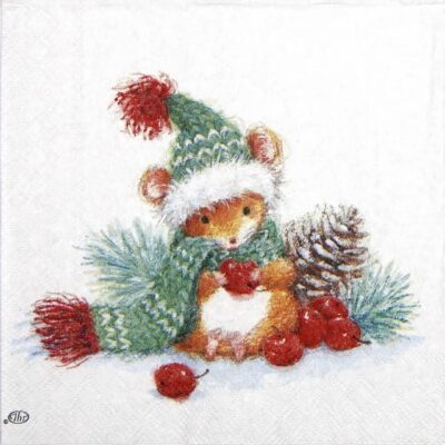 Barney cocktail napkin quarter‑fold — cosy winter woodland bear illustration with knitted hat, scarf, berries and pinecones shown on a folded 25×25 cm 3‑ply decoupage napkin.