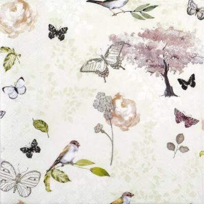 Single Decoupage Napkin - Birds and butterflies green