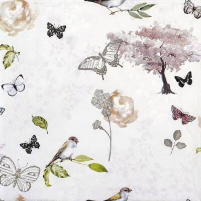 Single Decoupage Napkin - Birds and butterflies grey