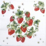 Paper Napkin Bunch of Strawberries: Close-up of a central bunch of realistic strawberries, green leaves, and small white flowers
