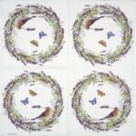 paper Napkin Chaffinch White: Full view showing four symmetrical lavender wreaths, each containing a chaffinch and butterflies, on a white background