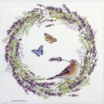 paper Napkin Chaffinch White: Close-up showing a chaffinch bird sitting inside a lavender wreath, with two butterflies fluttering nearby