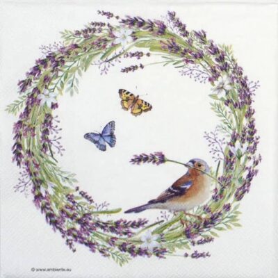 paper Napkin Chaffinch White: Close-up showing a chaffinch bird sitting inside a lavender wreath, with two butterflies fluttering nearby