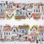 Paper Napkin Cottages: Full symmetrical view showing two mirrored rows of European townhouses, including cafés, shops, and balconies.