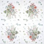 paper Napkin Eucalyptus and Fern Bouquet: Full symmetrical view showing four identical, ribbon-tied bouquets of eucalyptus and ferns on a white background.