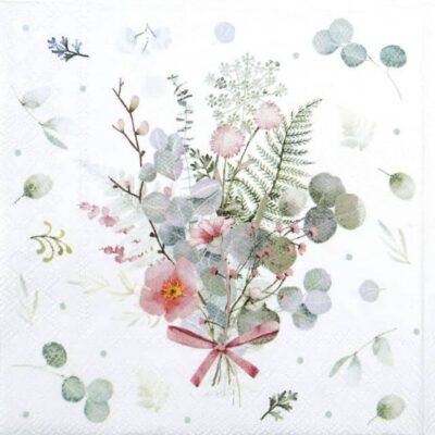 paper Napkin Eucalyptus and Fern Bouquet: Close-up showing a delicate, pink-flowered bouquet of silver-dollar eucalyptus and ferns tied with a ribbon