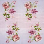 Paper Napkin Evie Roses: Full symmetrical view showing four floral arrangements of peonies, roses, and butterflies on a pink patterned background
