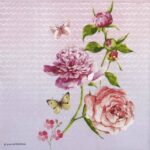 paper Napkin Evie Roses: Close-up of pink peonies, a rose, and yellow butterflies on a light pink patterned background.
