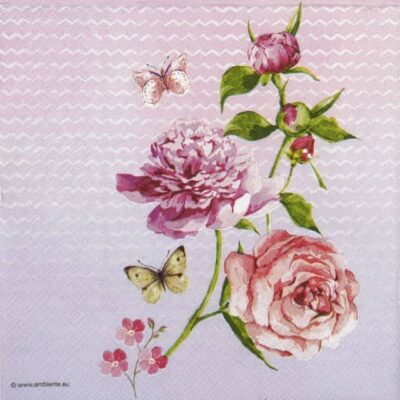 paper Napkin Evie Roses: Close-up of pink peonies, a rose, and yellow butterflies on a light pink patterned background.
