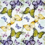 Paper Napkin Fluttering Butterflies Aqua: Full view showing the symmetrical pattern of multiple watercolor butterflies and green branches