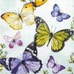 Paper Napkin Fluttering Butterflies Aqua: Close-up of yellow, purple, and green watercolor butterflies and delicate foliage