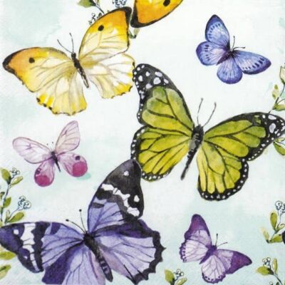 Paper Napkin Fluttering Butterflies Aqua: Close-up of yellow, purple, and green watercolor butterflies and delicate foliage