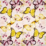 Paper Napkin Fluttering Butterflies Pink: Full view showing the symmetrical pattern of multiple watercolor butterflies and green branches