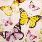 paper Napkin Fluttering Butterflies Pink: Close-up of yellow, pink, and mauve watercolor butterflies and delicate foliage on a blush background