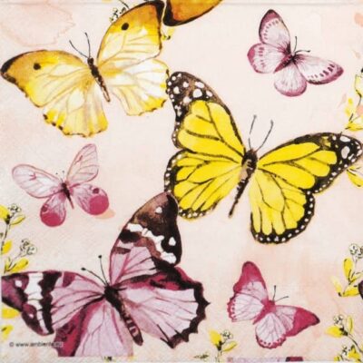 paper Napkin Fluttering Butterflies Pink: Close-up of yellow, pink, and mauve watercolor butterflies and delicate foliage on a blush background
