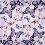 Paper Napkin Fluttering Butterflies Purple: Full view showing the symmetrical pattern of multiple watercolor butterflies and foliage on a lavender background.