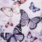 Paper Napkin Fluttering Butterflies Purple: Close-up of blue, pink, and mauve watercolor butterflies on a lavender background..