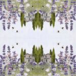 paper Napkin Lavender Meadow: Full symmetrical view showing two mirrored Tuscan houses, lavender, cypress trees, and bees.