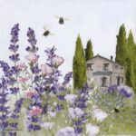 Paper Napkin Lavender Meadow: Close-up of a Tuscan-style house with cypress trees, surrounded by purple lavender and flying bees