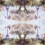 paper Napkin Paris Art: Full view showing four symmetrical watercolor scenes of the Eiffel Tower, blossoms, and hot air balloons.