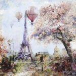 Paper Napkin Paris Art: Close-up of the watercolor Eiffel Tower with pink cherry blossoms and hot air balloons.