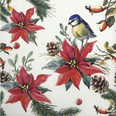 paper Napkins - Birds On Poinsettia White (20 pieces)