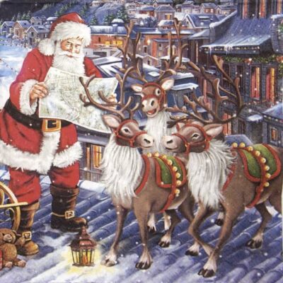Lunch Napkins (20) - Santa with Reindeers on Roof