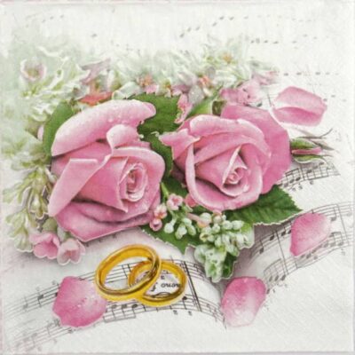 Paper Napkin - Wedding rings & pink roses