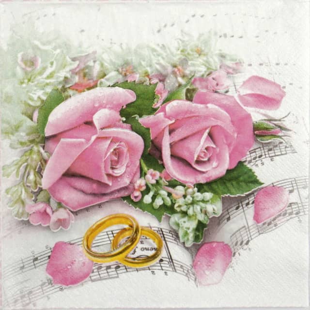 Paper Napkin – Wedding rings & pink roses