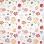 Lunch Decoupage Napkin Fantasy Garden: Full design showing a vibrant, all-over repeating pattern of colorful cartoon flowers and happy garden bugs on a white base.