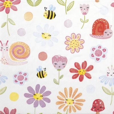 Lunch Decoupage Napkin Fantasy Garden: Close-up showing cute, smiling cartoon flowers, bees, and snails in pink, orange, and purple hues on a white background.