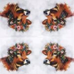Unfolded view of the Muh napkin showing four repeating patterns of a brown cow with a floral crown.