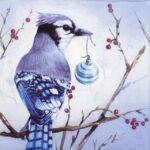 Blue Jay napkin with a blue jay perched on a berry branch holding a festive ornament on a soft blue winter background.