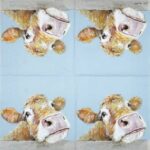 Open view of the Cow Bella light blue decoupage napkin showing four repeating cow motives
