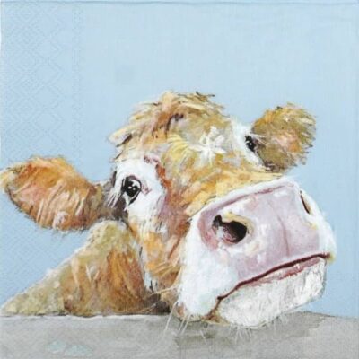 Close-up detail of the Cow Bella light blue decoupage napkin showing a painted cow over a wall